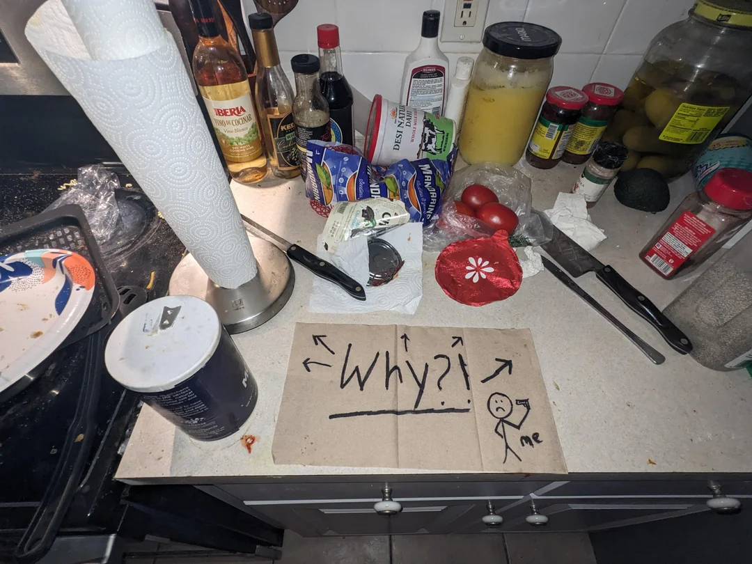 A cluttered kitchen counter with dirty dishes, food items, and utensils scattered around. In the center, a cardboard sign reads "Why?!" with arrows and a stick figure labeled "me" pointing at the mess.