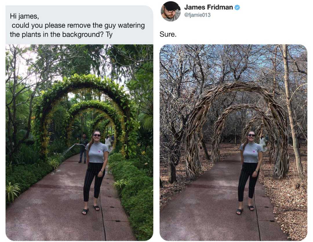 Side-by-side images: Left, a woman poses under a leafy arch with a man watering plants in the background. Right, the background is edited to show a dry, leafless arch, and the man is gone. The woman’s pose is unchanged.