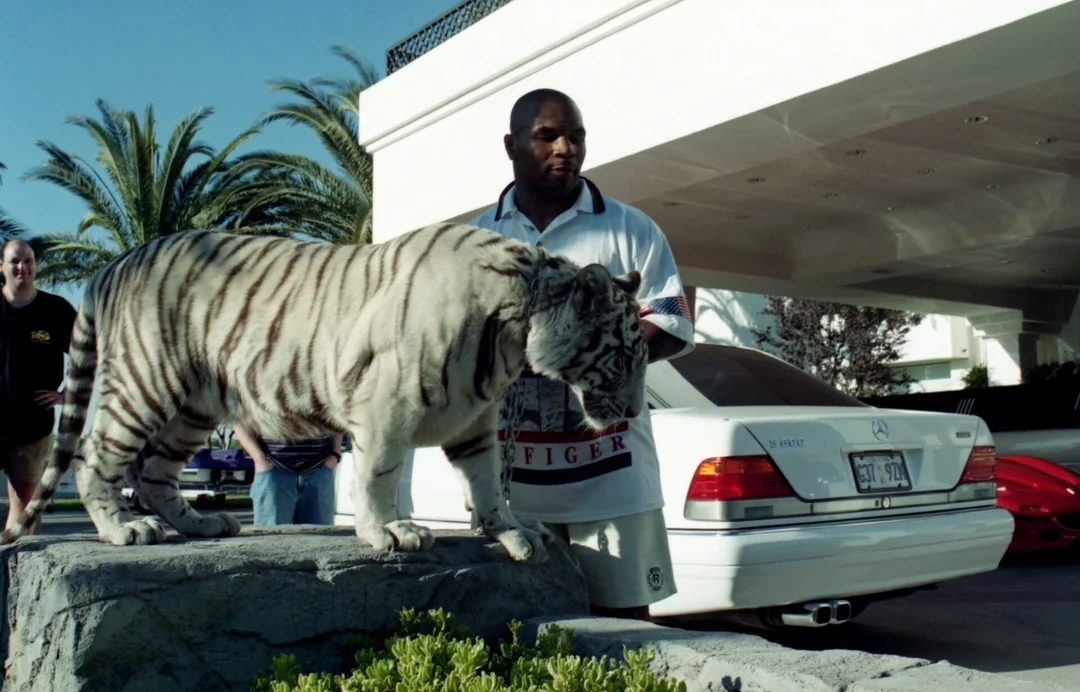 A man stands beside a white tiger on a stone ledge in front of a white luxury car and a modern building, with palm trees visible in the background. Another person smiles in the background.