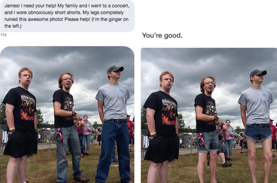 Two men stand side by side at an outdoor event. The man on the left appears to have bare legs due to an optical illusion, while the man on the right wears short shorts and stands with hands behind his back. A cloudy sky is overhead.