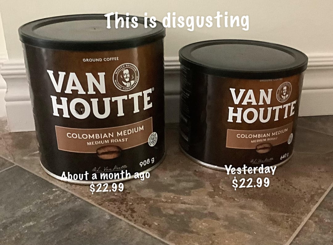 Two Van Houtte coffee cans sit side by side; the older, larger can is 908g, and the newer, smaller can is 643g. Both cost $22.99. Text above reads, "This is disgusting.