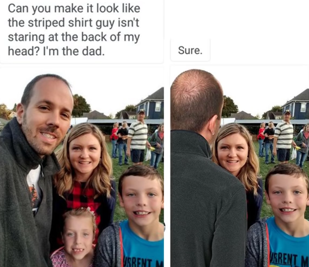 A family takes a selfie outdoors with a man in a striped shirt in the background. In the edited version, the man now faces away, no longer looking at the family, per the request shown in the text above the images.