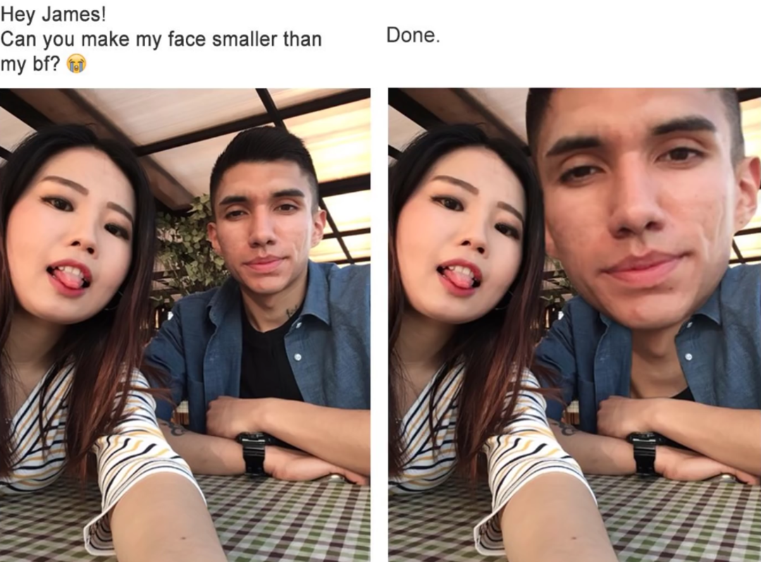 A woman and man sit together for a selfie. The left image shows them normally, while the right shows the man's face comically enlarged after a request to make the woman’s face smaller than her boyfriend’s.
