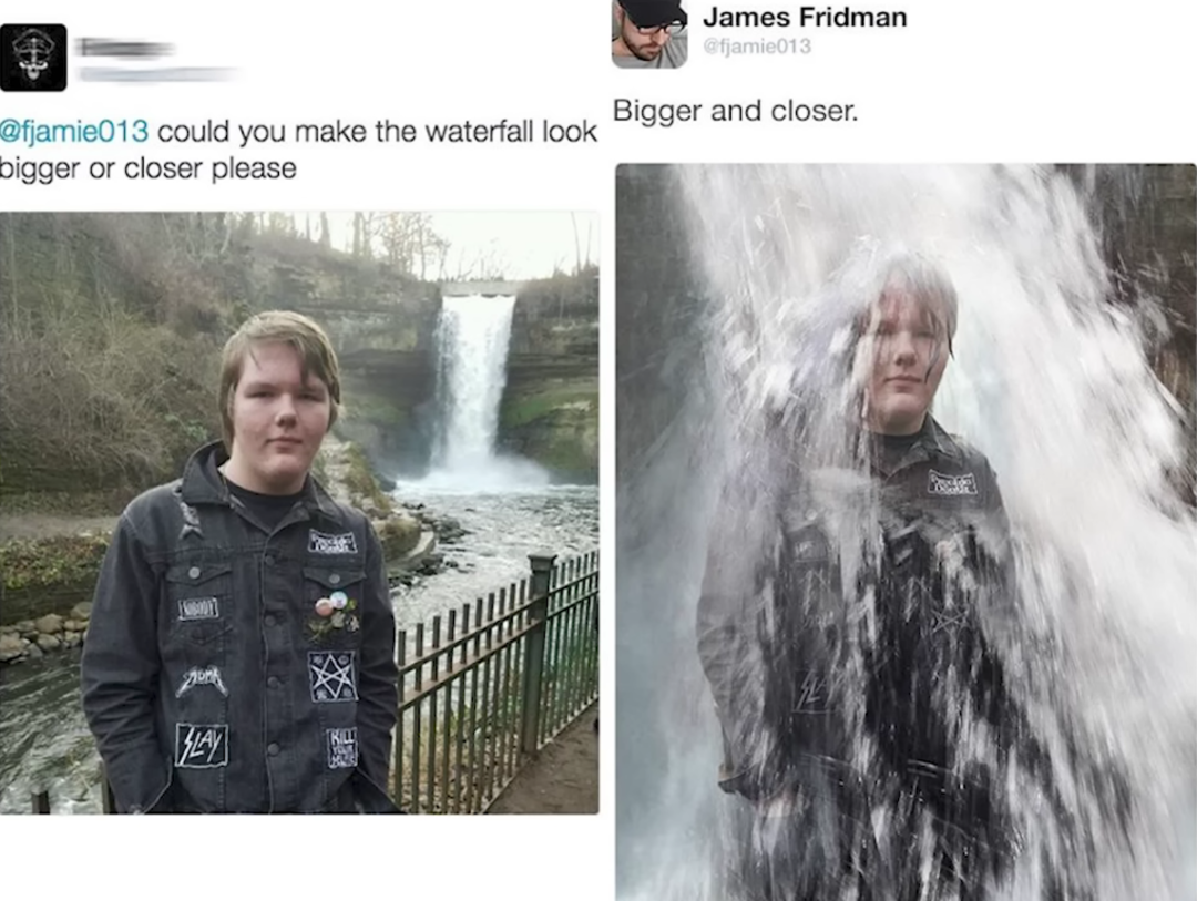 Left: A young person stands by a railing in front of a distant waterfall. Right: The same person, now humorously edited to be engulfed by the waterfall, making it appear much bigger and closer.