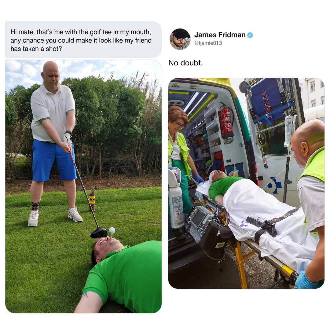 A man stands ready to hit a golf ball from a tee held in another man’s mouth. Next to it, a second image shows the man who had the tee being wheeled into an ambulance on a stretcher.