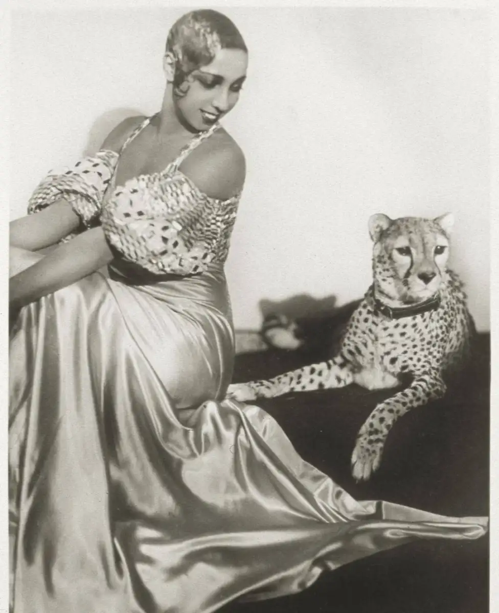 A woman in an elegant, shiny gown sits on the floor, looking over her shoulder at a cheetah lying beside her. The scene is sophisticated and vintage, with the woman posing gracefully next to the animal.