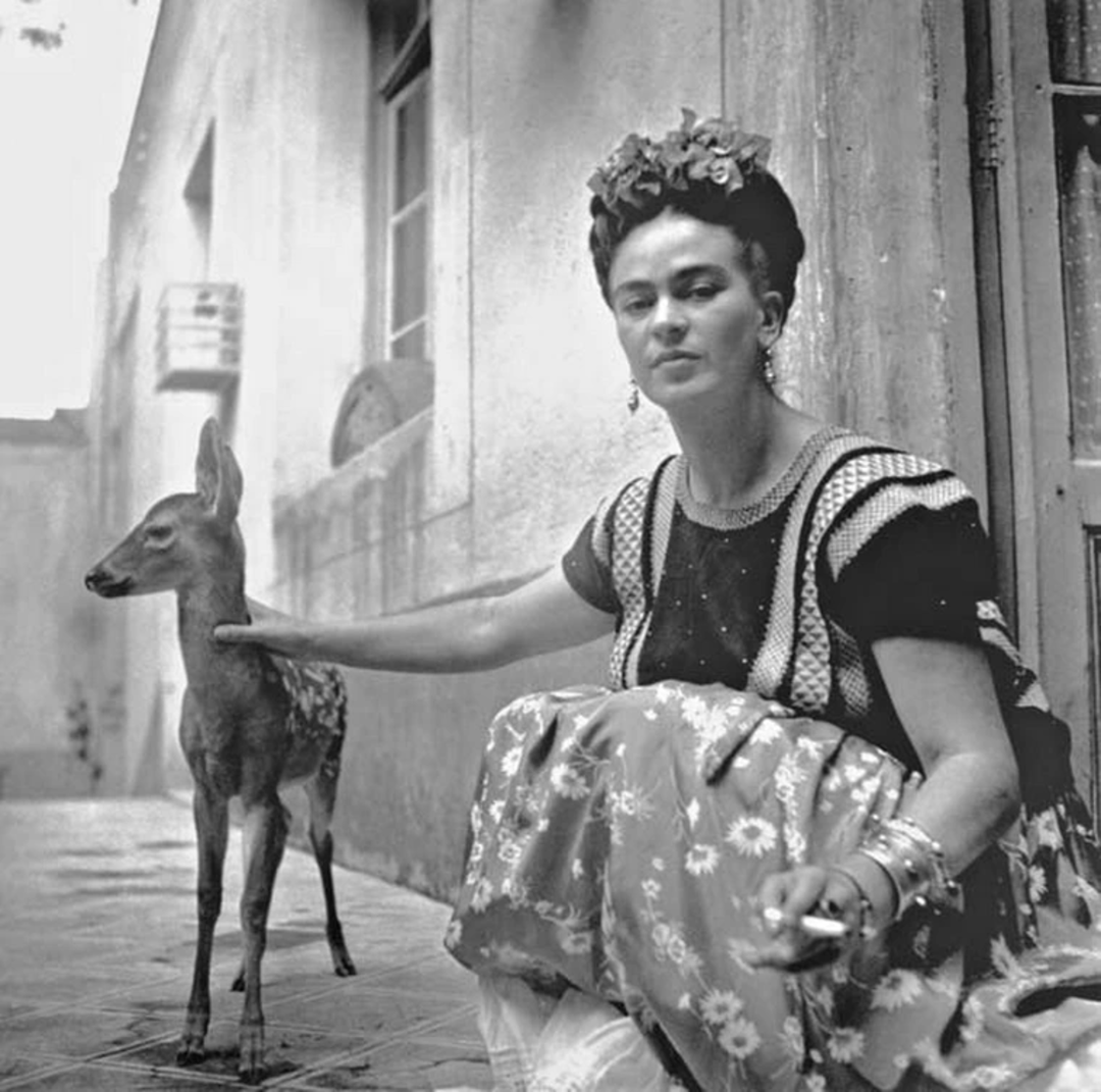 A woman in traditional clothing kneels beside a young deer, gently resting her hand on its back. She has flowers in her hair and wears jewelry, sitting on a tiled floor near a building wall.