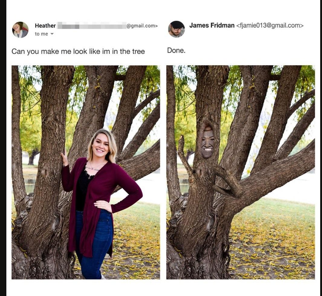 Two photos: on the left, a woman stands smiling by a tree. On the right, her face and body have been humorously edited onto the tree trunk and branch, making it look like she is part of the tree.