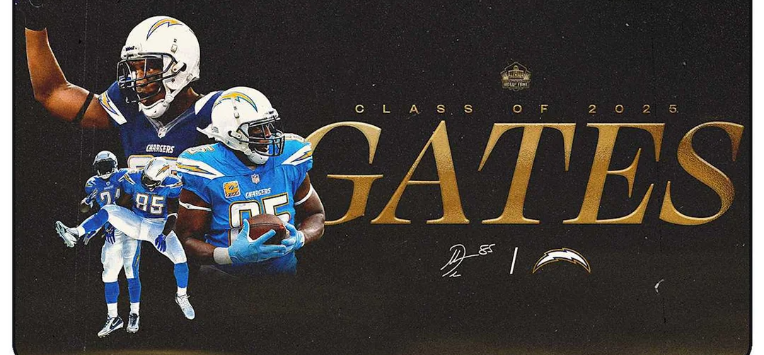 A collage of a football player in various poses wearing a Chargers uniform, with the text "Class of 2025 Gates" in large gold letters, and a Chargers logo on a black background.