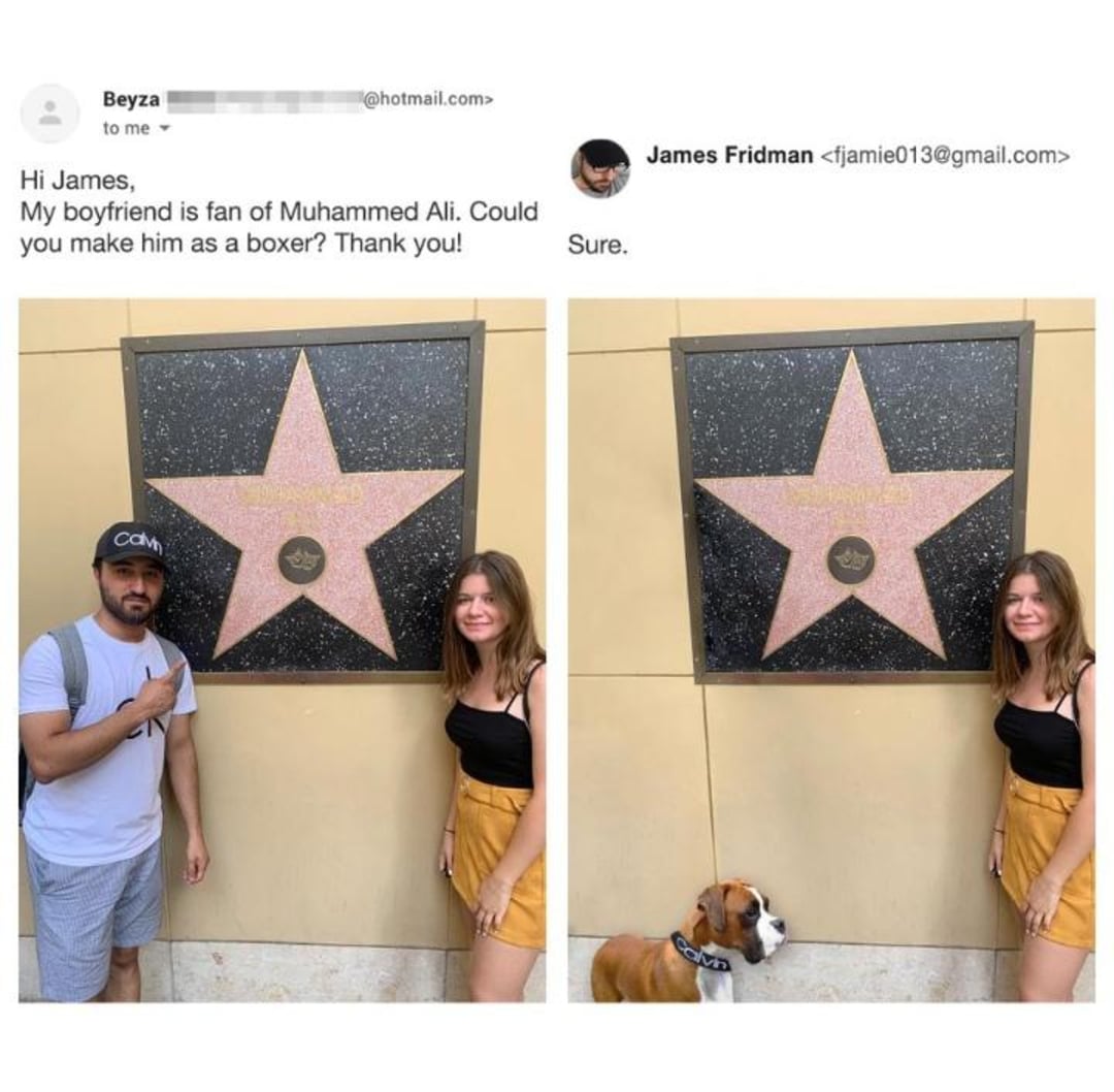 A man and woman pose by Muhammad Ali's Hollywood star. In the edited version, the man has been replaced by a boxer dog, humorously responding to a request to make him a "boxer.