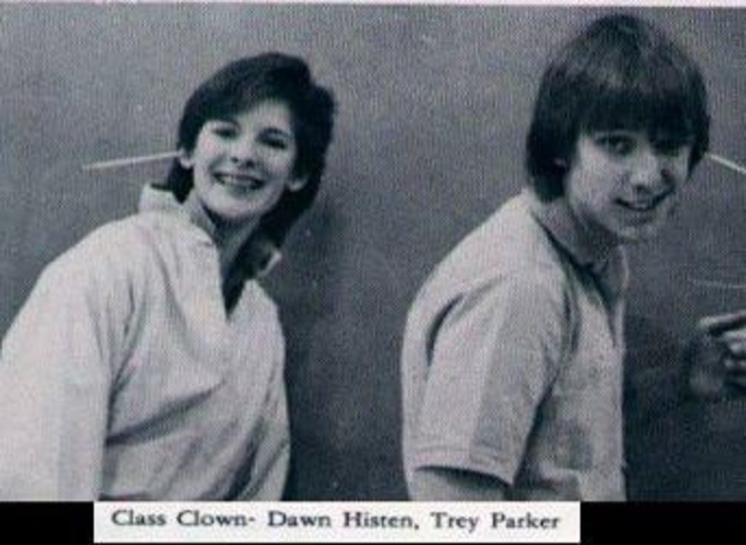 Two teenagers stand back-to-back and smile at the camera. A label below reads, "Class Clown - Dawn Histen, Trey Parker." The photo is black and white.