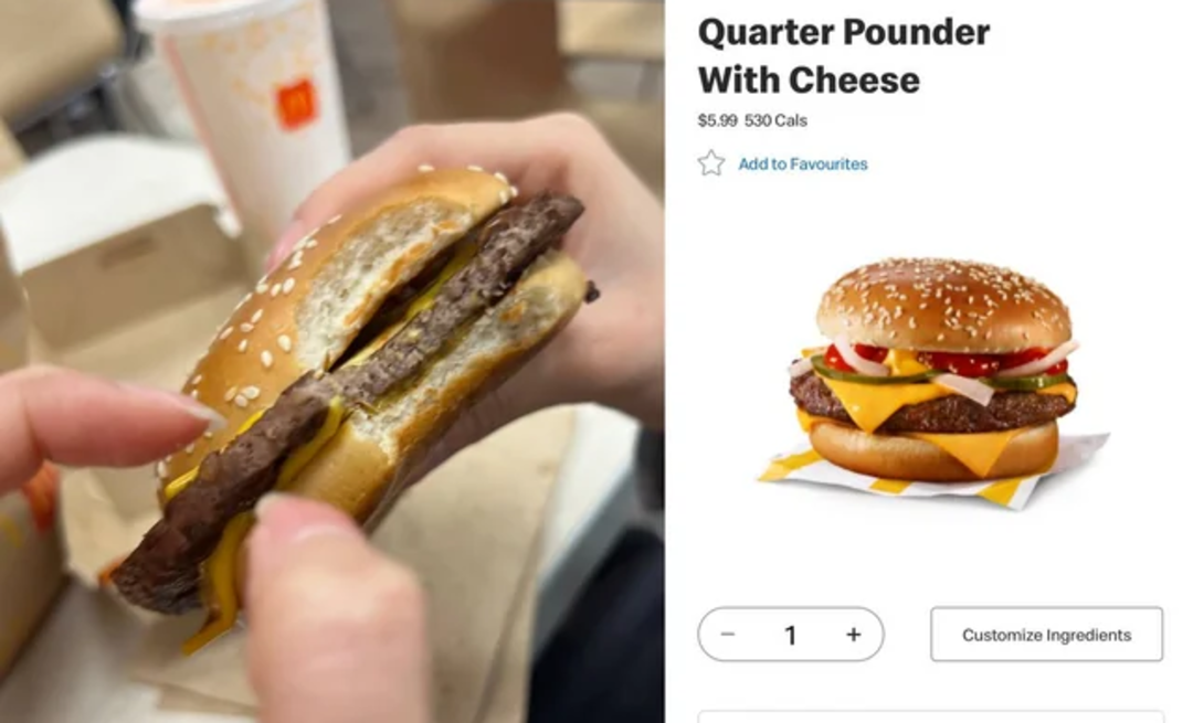 A person holds a messy, uneven Quarter Pounder with Cheese, revealing misaligned layers. On the right, an app displays a neat, idealized promo image of the same burger with toppings perfectly arranged.