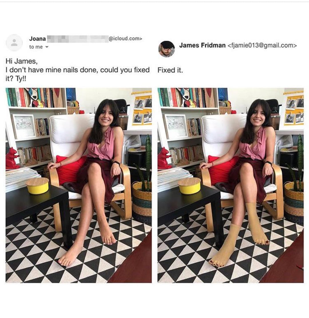A woman sits smiling with bare toenails in a living room. Next to it, an edited version humorously shows her feet as featureless beige blocks, mimicking the request to "fix" her undone toenails.