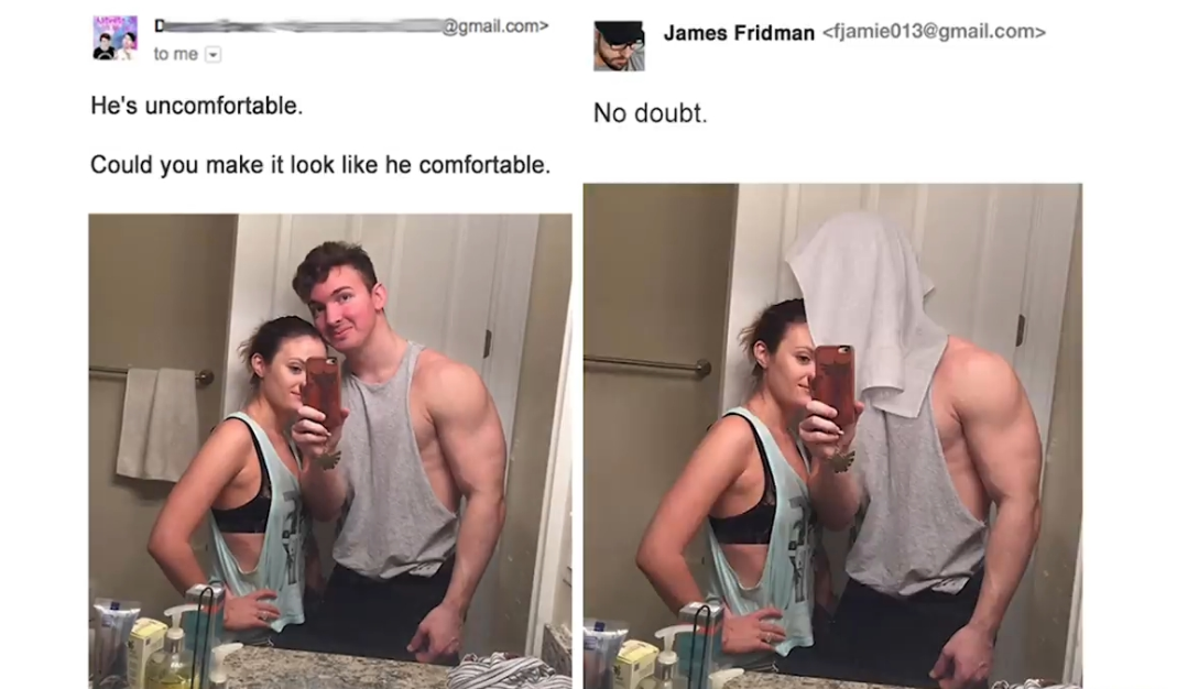 Two-panel meme. Left: A woman and a man pose for a mirror selfie; the man looks awkward. Right: Same photo, but the man's head is covered with a towel to exaggerate his discomfort.