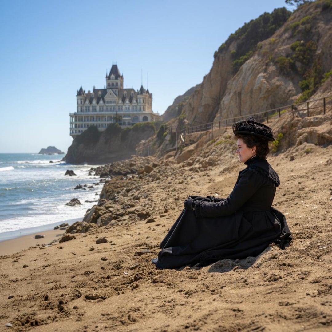 A woman in Victorian-era black clothing sits on a sandy beach, looking toward the ocean. In the background, a large, ornate building sits atop rocky cliffs under a clear blue sky.