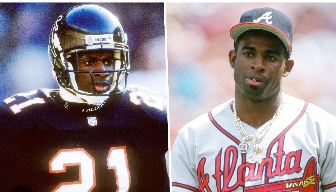 Side-by-side photos of a man in an Atlanta Falcons football uniform and helmet on the left, and the same man in an Atlanta Braves baseball uniform and cap on the right.