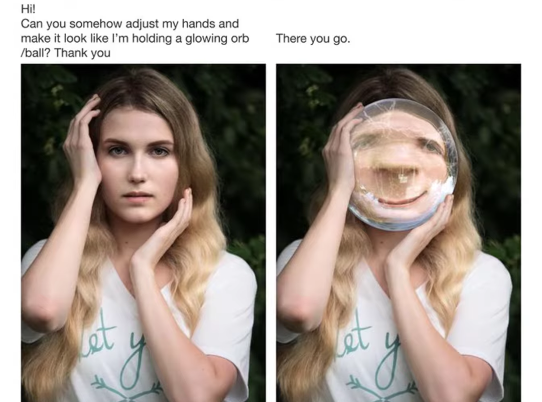 Side-by-side images: left, a woman poses with one hand on her head and the other near her face; right, her edited hand holds a glowing orb with a distorted, funny face inside, humorously fulfilling her request.