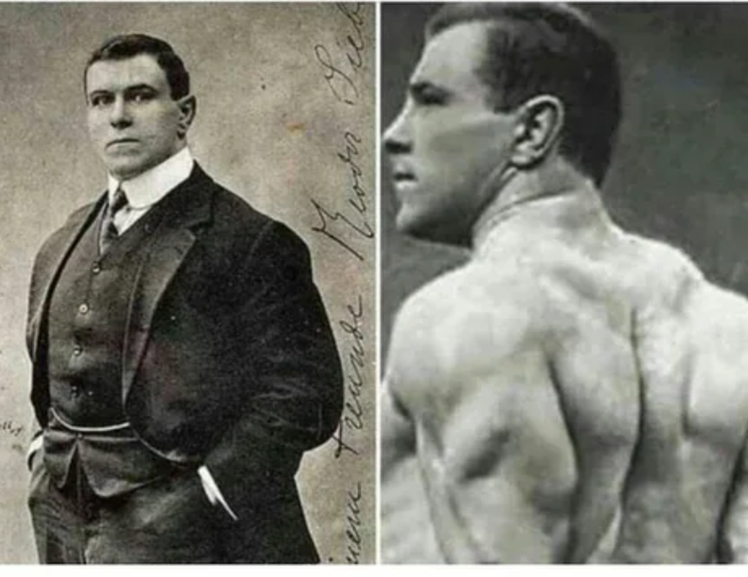 A black-and-white split image shows a man in a suit on the left and the same man shirtless, displaying a muscular, defined back on the right. The left side has handwritten text in the background.