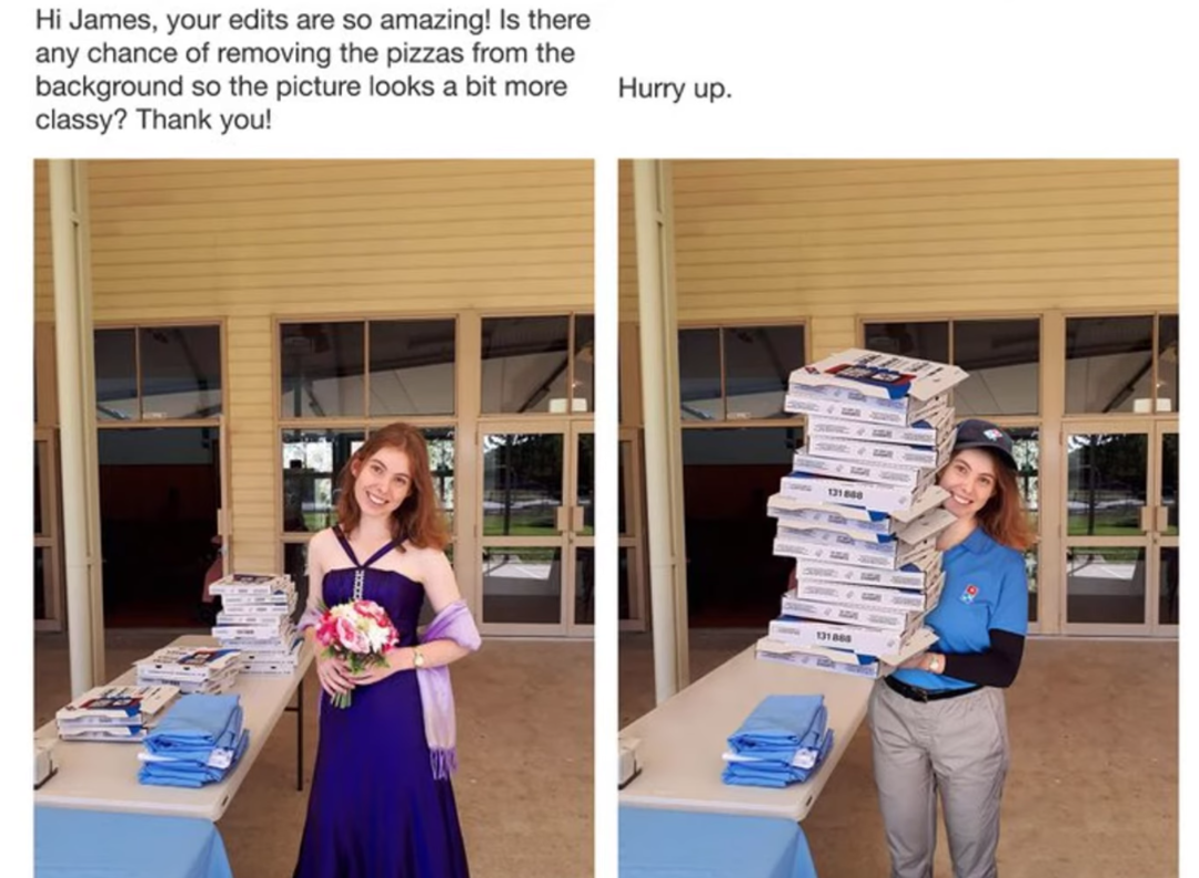 Two photos side by side: left shows a young woman in a purple dress holding flowers, right shows a smiling pizza delivery worker stacking many pizza boxes. Both stand in the same location by a table and yellow building.