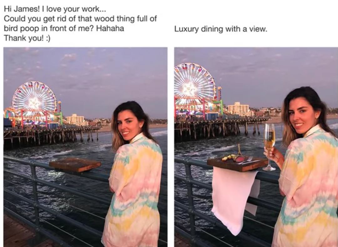 Side-by-side images of a woman on a pier with an amusement park in the background; in the second image, a wooden rail is replaced by a small table with food and a drink, and the woman holds a glass, smiling at the camera.