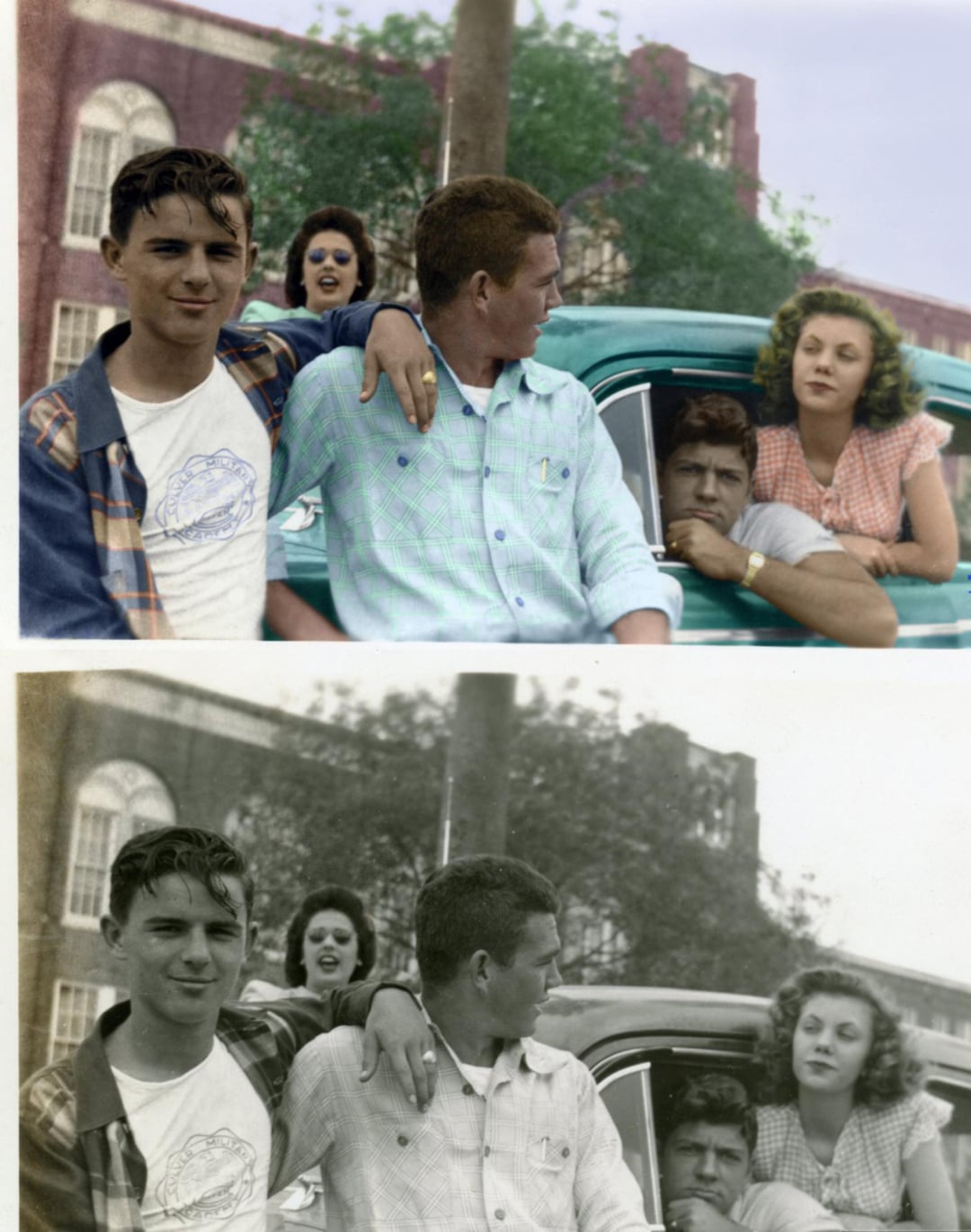 Two versions of the same photo: a colorized and a black-and-white image of five young people from the 1950s posing together with a classic car in front of a brick building.