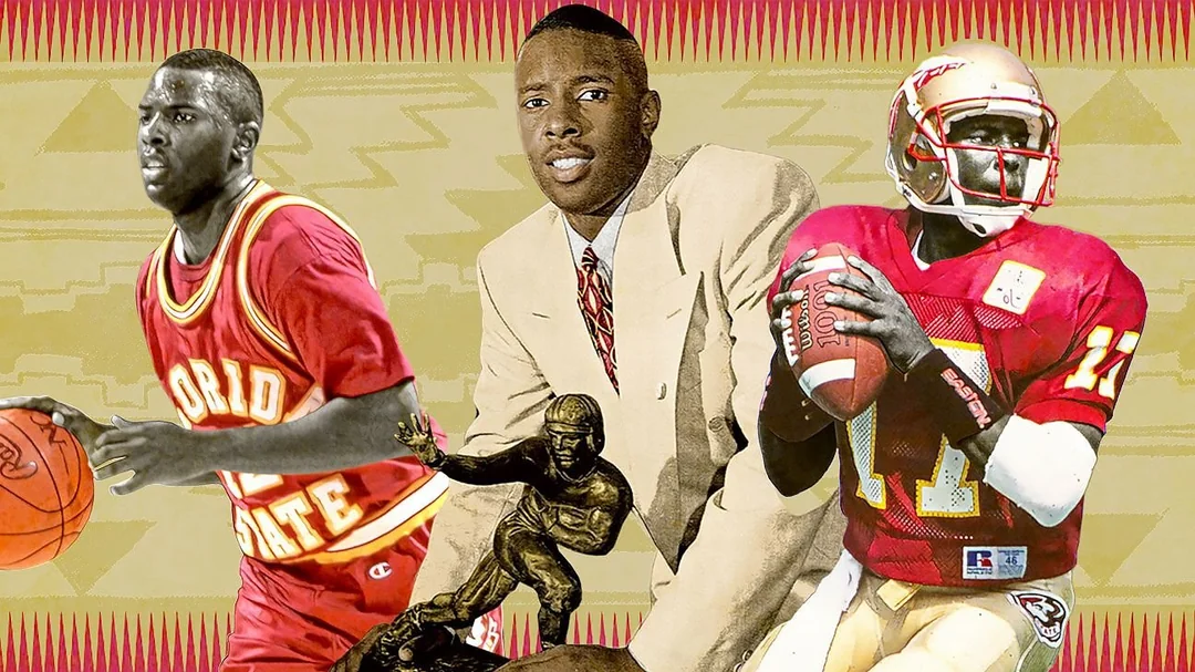 A collage shows an athlete playing basketball in a Florida State jersey, the same person dressed in a suit with a Heisman trophy, and the athlete playing football in a red and gold uniform, holding a football mid-play.