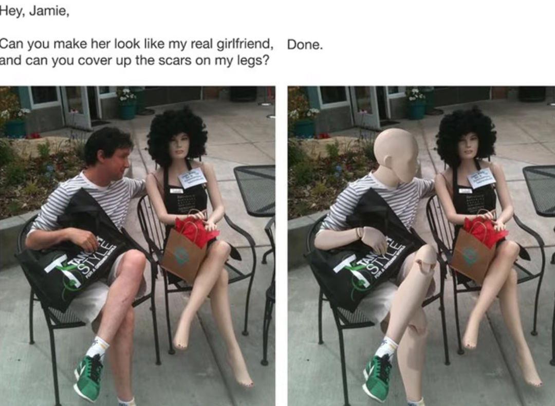 Two images side by side: A man sits outside next to a mannequin with a curly black wig. In the second image, the mannequin's wig and scarf are removed, exposing its bald head and jointed legs.