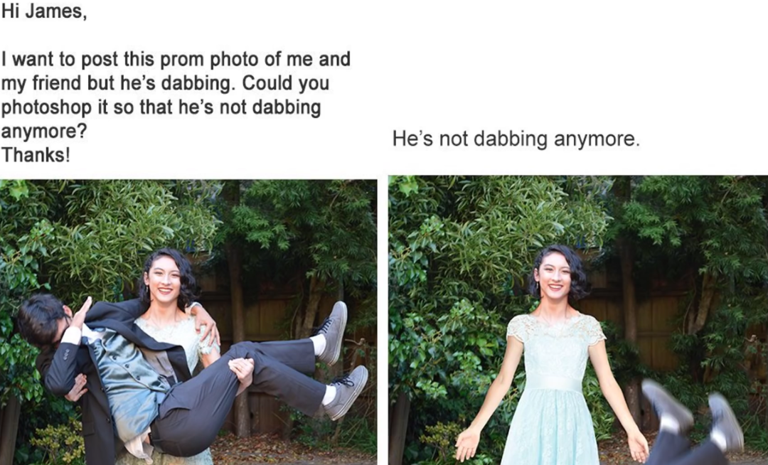 A girl in a light blue dress is holding a boy who is dabbing in the first photo. In the edited second photo, the boy is missing and only his legs are visible, as if he's been thrown out of the frame.