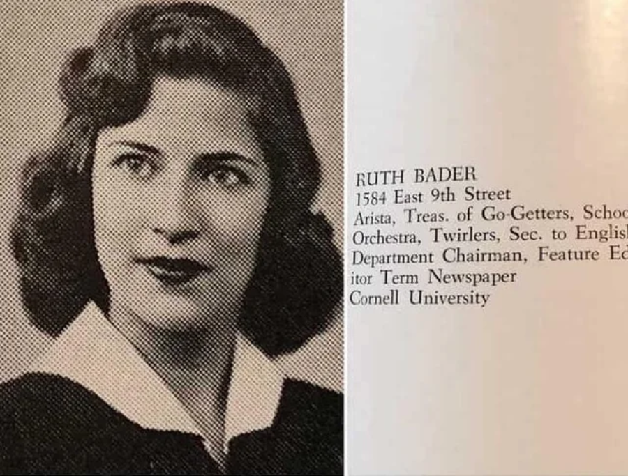Black-and-white yearbook photo of a young woman with wavy hair, wearing a dark top with a white collar. Text beside the photo lists her name as Ruth Bader and her extracurricular activities.