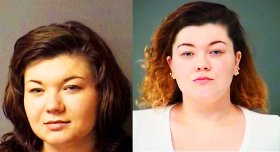 Side-by-side mugshots of a woman with shoulder-length brown hair; in the left photo, her hair is darker and she is wearing a dark top, while in the right photo, her hair is lighter and she is wearing a light top.
