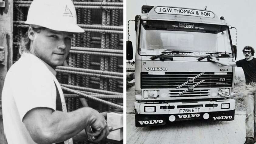 Left: A man in a hard hat stands at a construction site, looking at the camera. Right: A man in sunglasses leans on the front of a VOLVO truck labeled "J.G.W. Thomas & Son." Both photos are black and white.