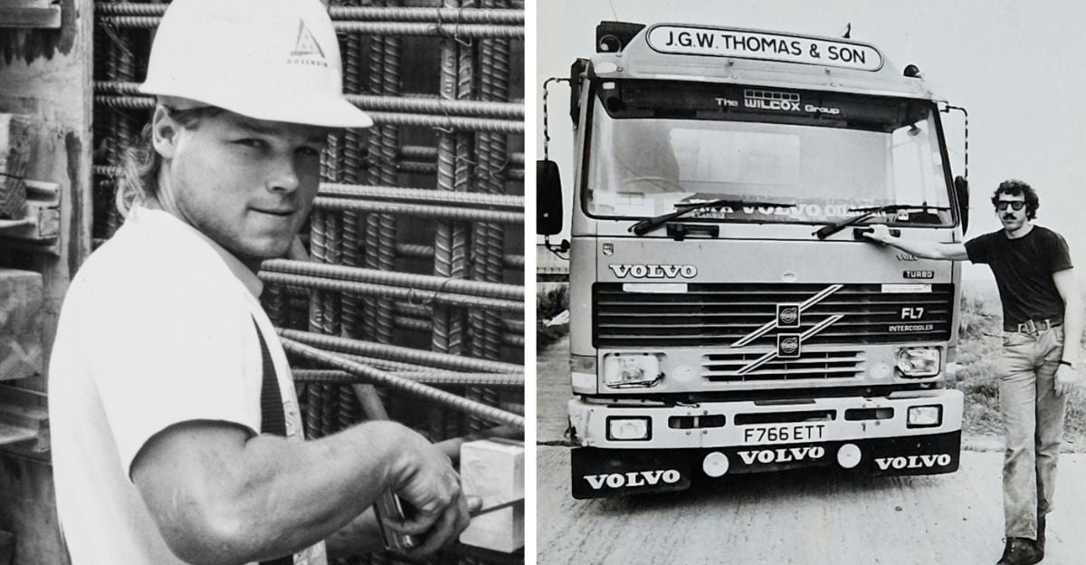 Left: A man in a hard hat stands at a construction site, looking at the camera. Right: A man in sunglasses leans on the front of a VOLVO truck labeled "J.G.W. Thomas & Son." Both photos are black and white.