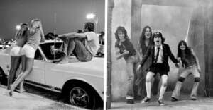 Black-and-white split image: Left, two women and a man sit and lean on a classic car at night. Right, five men, including one in a schoolboy outfit, pose energetically in front of a smoky background.