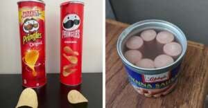 Two Pringles cans and some chips are on the left; one can is taller than the other. On the right, an open can of Libby&rsquo;s Vienna sausages in liquid sits on a wooden surface.
