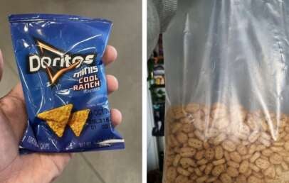 Left: A hand holding a small bag of Doritos Minis Cool Ranch chips. Right: A clear plastic bag filled with cereal, held up by someone.