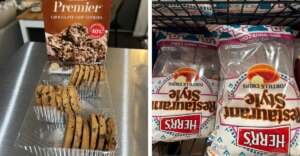Left: A box of Premier chocolate chip cookies with an open plastic tray holding cookies. Right: Bags of Herr's Restaurant Style Tortilla Chips displayed bottom-up on a store shelf.