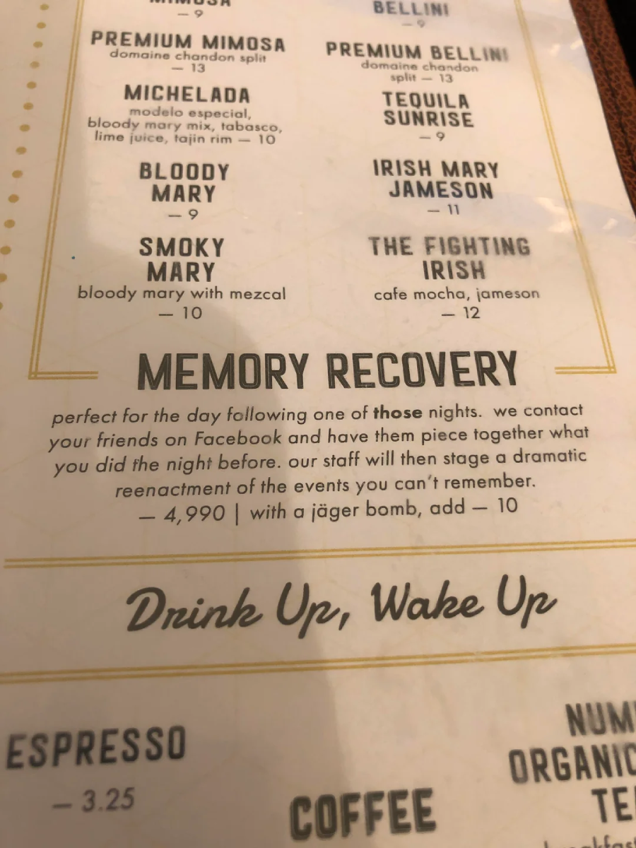 A close-up of a drink menu showing cocktail names and descriptions. The "Memory Recovery" section humorously offers to contact friends to help recall forgotten events after a night out. Drink prices and notes are visible.