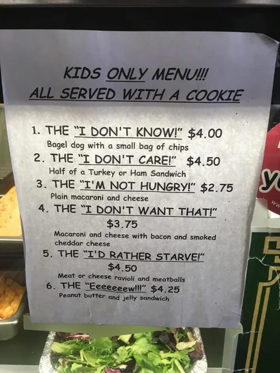 A kids-only menu with playful meal names like "I DON'T KNOW!" and "I DON'T CARE!" Each meal includes a cookie, with options such as sandwiches, macaroni and cheese, ravioli, and PB&J, priced from $2.75 to $4.50.