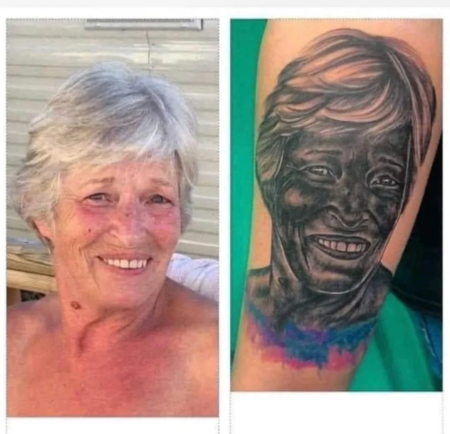 Split image: On the left, an older woman with short gray hair smiles warmly. On the right, a tattoo of her face is shown, but the tattoo is much darker and the likeness is not very accurate.