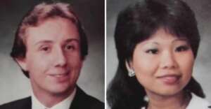 Side-by-side portraits of a man with short, light brown hair in a suit and tie, and a woman with dark hair, wearing earrings and a white top, both smiling at the camera.