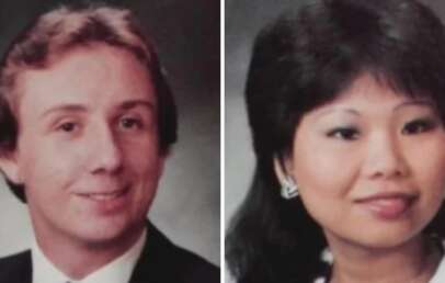 Side-by-side portraits of a man with short, light brown hair in a suit and tie, and a woman with dark hair, wearing earrings and a white top, both smiling at the camera.