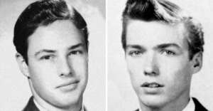 Two young men in black-and-white yearbook-style portraits, both with neatly combed dark hair, wearing jackets and ties, looking at the camera with neutral expressions.