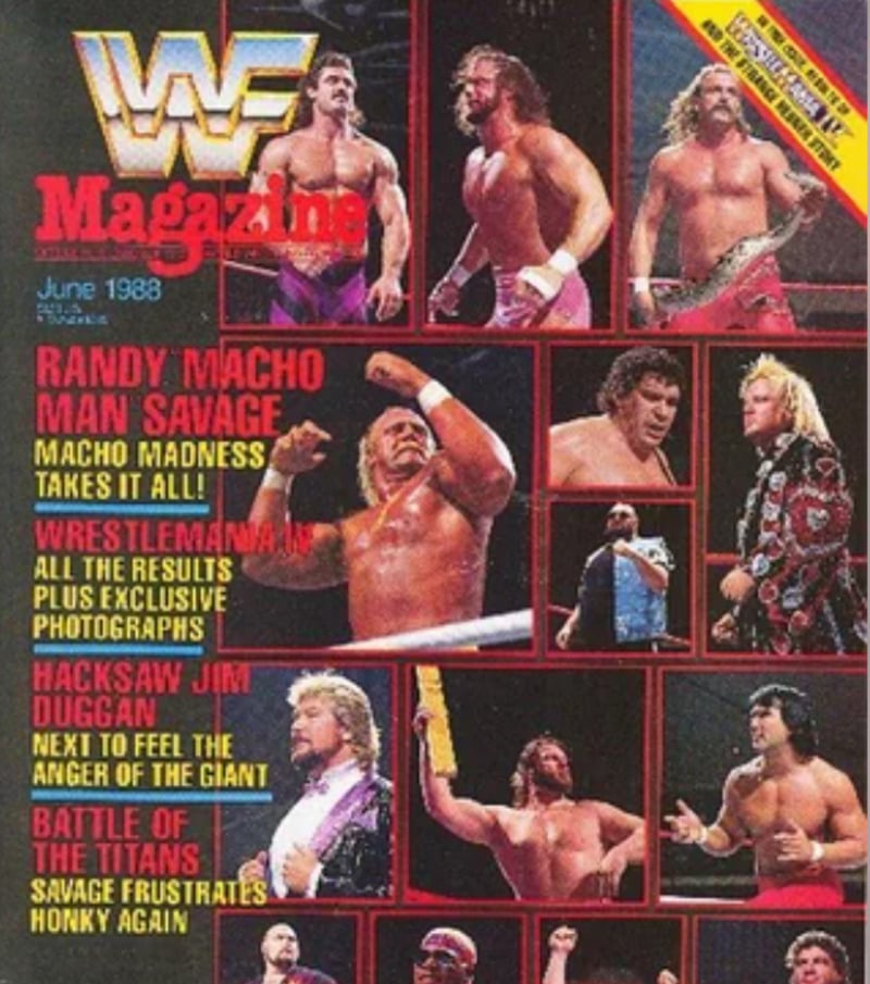 WWF Magazine cover from June 1988 featuring several wrestlers, including Randy “Macho Man” Savage, with bold headlines and in-ring action shots; colorful wrestling outfits and the WWF logo are prominently displayed.
