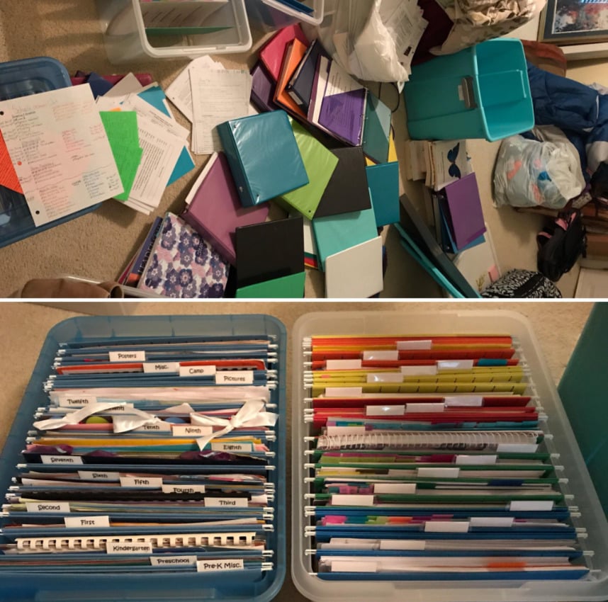 Top: Messy pile of notebooks, folders, and loose papers scattered on the floor. Bottom: Two plastic bins neatly organized with color-coded hanging file folders, each labeled with tabs.
