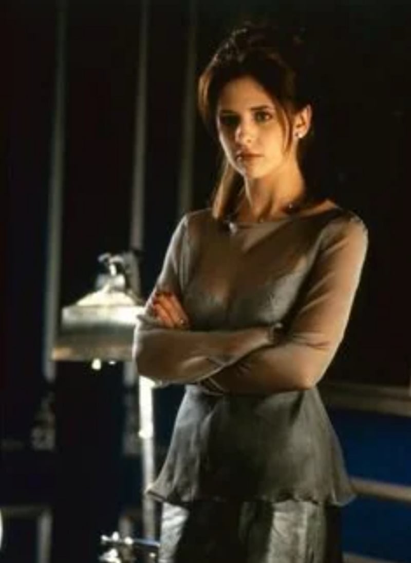 A woman with long brown hair stands with her arms crossed, wearing a sheer long-sleeved top and a dark skirt, looking serious in a dimly lit room with blurred objects in the background.