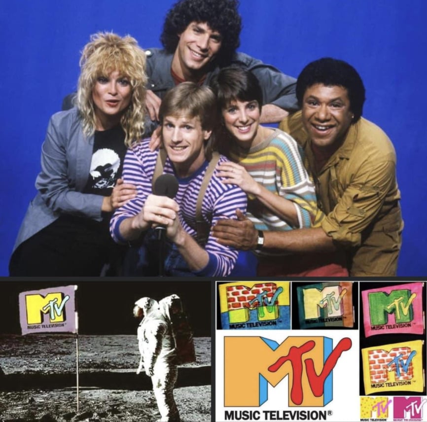 A group of five smiling MTV VJs pose together in colorful 1980s outfits above a row of classic MTV logos, including an astronaut planting an MTV flag on the moon.