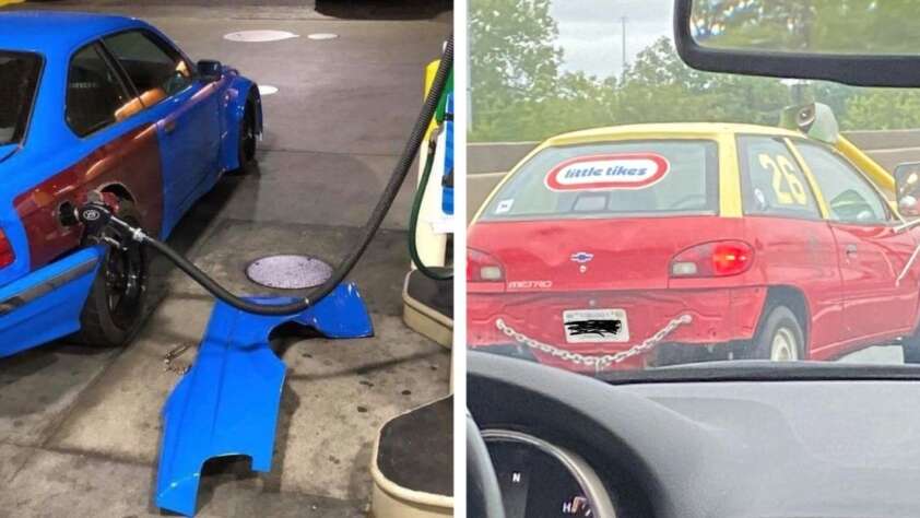 Split image: Left, a blue car at a gas station with its rear bumper removed and lying on the ground. Right, a red car with a yellow roof and toy-like details, resembling a Little Tikes car, seen from another vehicle.