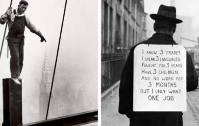 Left: A man balances on a steel beam high above New York City. Right: A man stands with his back to the camera, wearing a sign about his skills, struggles, and desire for work during the Great Depression.