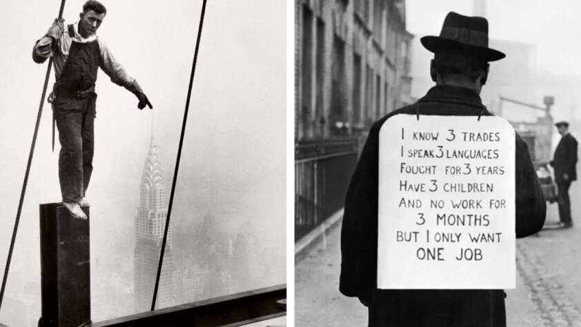 Left: A man balances on a steel beam high above New York City. Right: A man stands with his back to the camera, wearing a sign about his skills, struggles, and desire for work during the Great Depression.