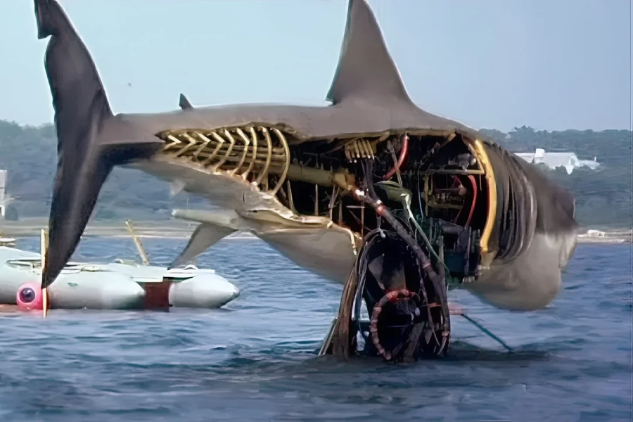 A large mechanical shark with its side panel open, revealing internal machinery and wiring, floats in the water near an inflatable boat and a shoreline in the background.